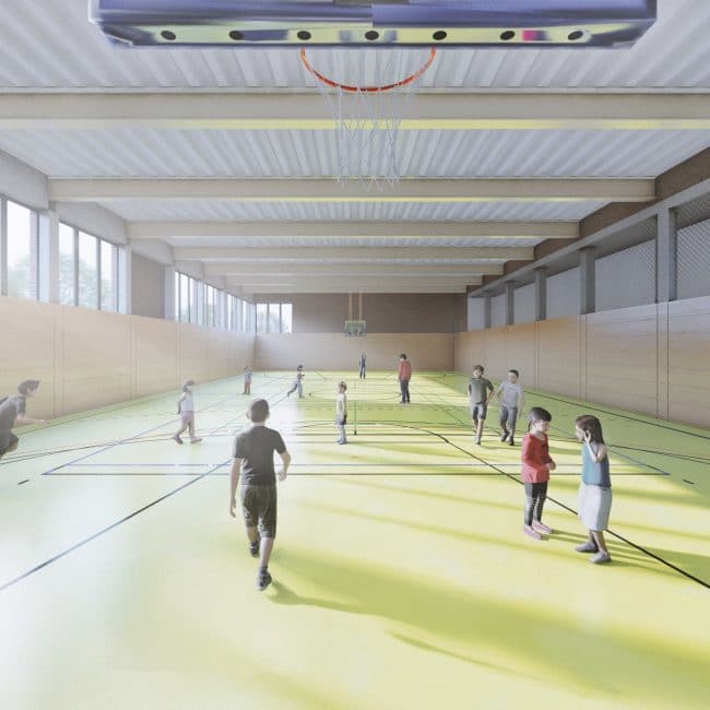 Die PA+ Architekten aus Darmstadt haben eine neue Sporthalle für die Gutenbergschule in Wiesbaden entworfen.